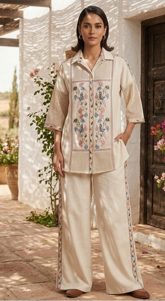 Ivory Floral Embroidered Co-Ord Set for Women