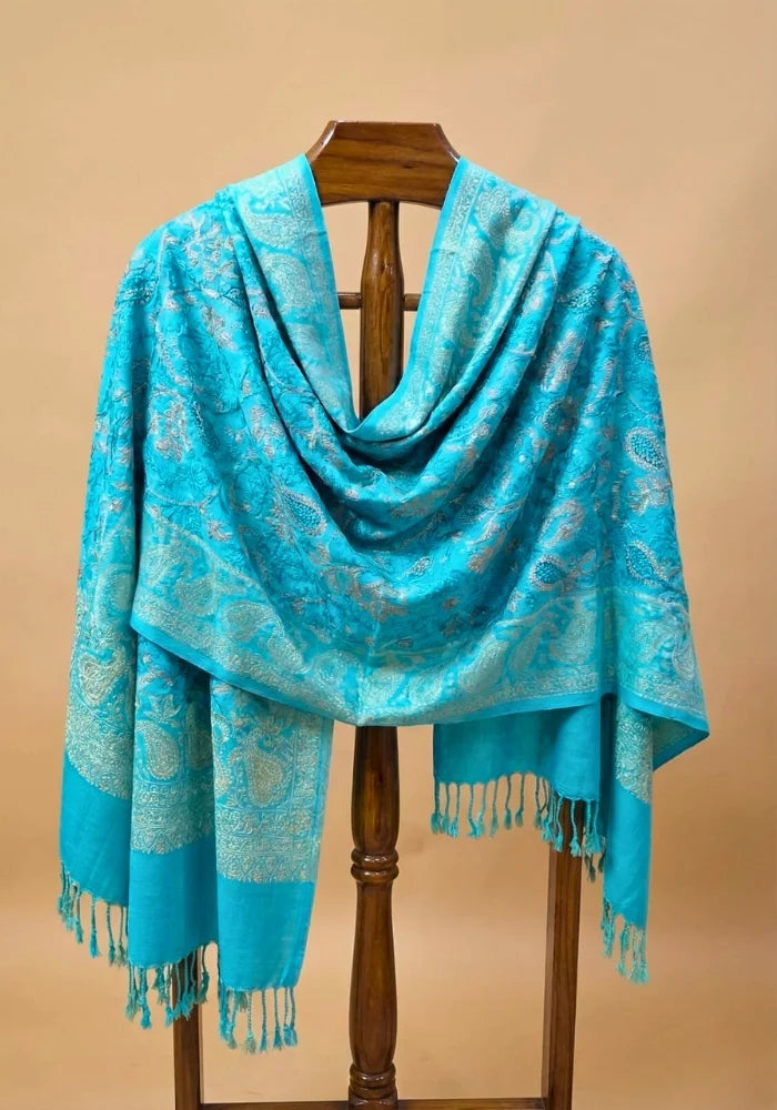 PURE WOOL HEAVY ZARDOZI EMBROIDERY MIRAYA SHAWL (AQUA BLUE)