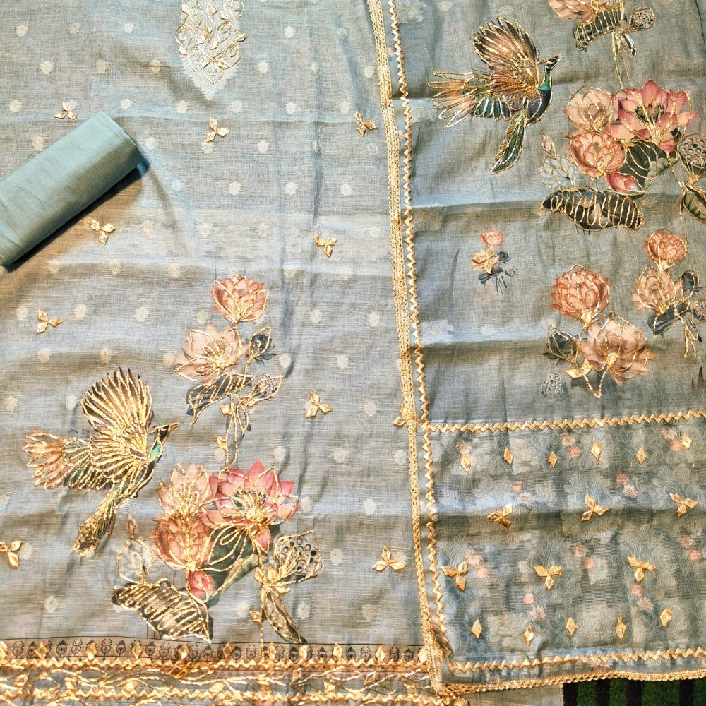 Linen Cotton Dress Material with Gota Patti Work Kainchi Dhaaga Linen Cotton Dress Material with Gota Patti Work Kainchi Dhaaga
