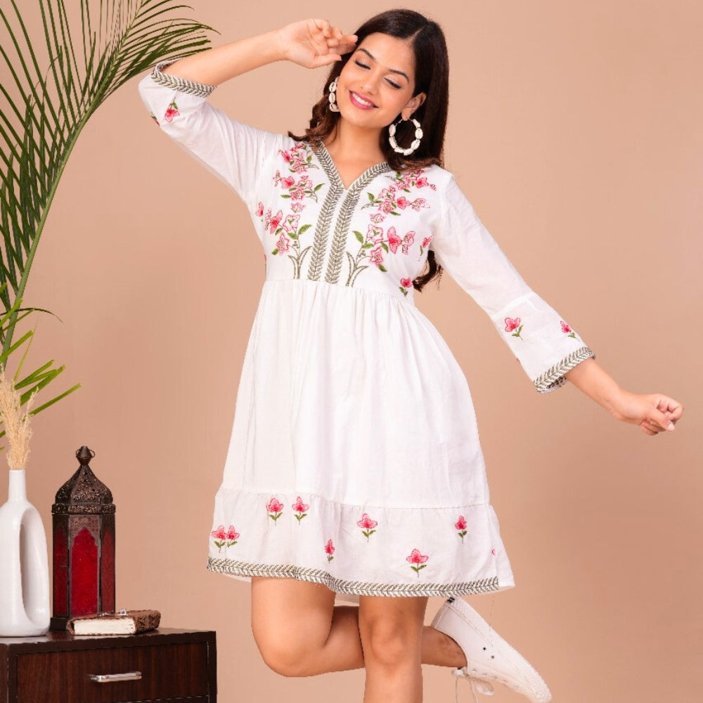 White Floral Embroidered Cotton Flared Dress