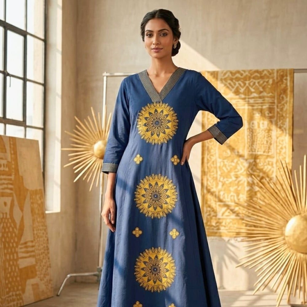 Navy Blue Printed Ethnic Kurta Dress for Women