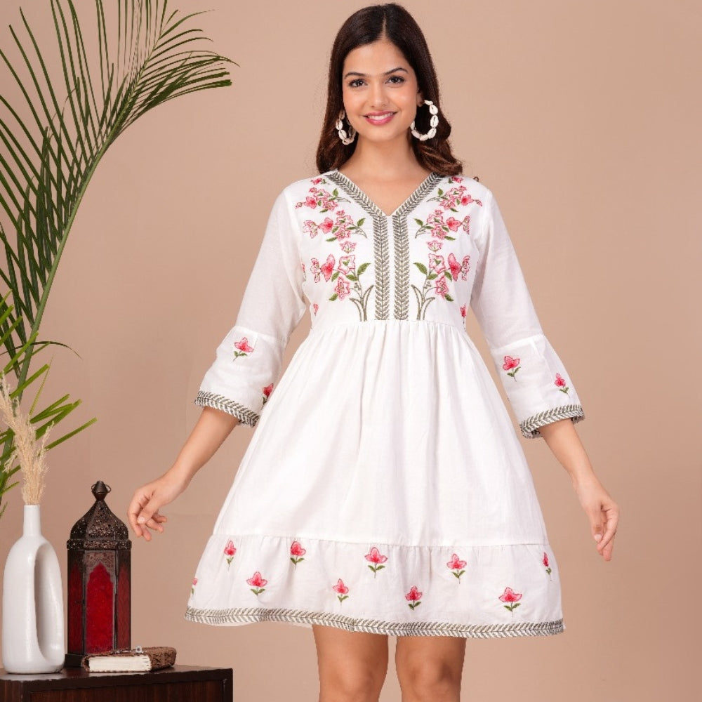 White Floral Embroidered Cotton Flared Dress