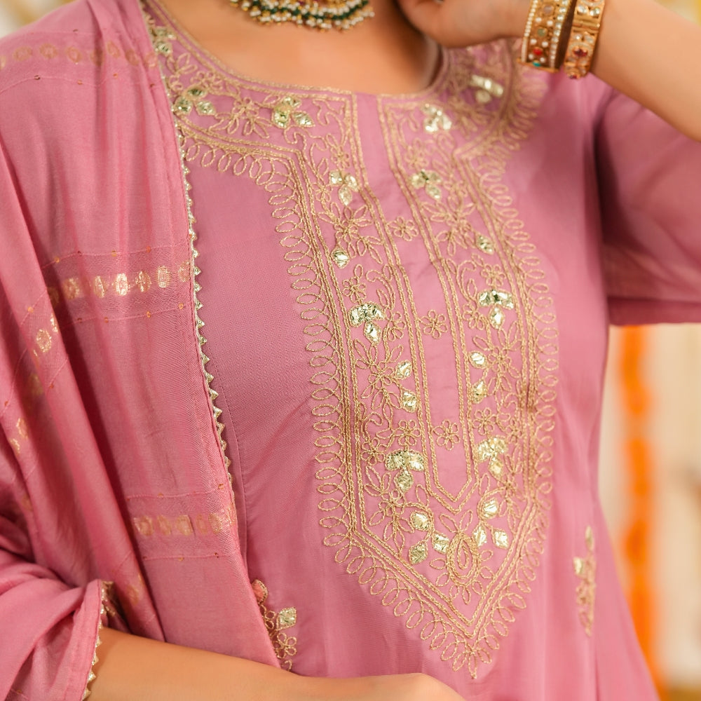 Dusty Pink Embroidered Kurta Pant Set with Dupatta