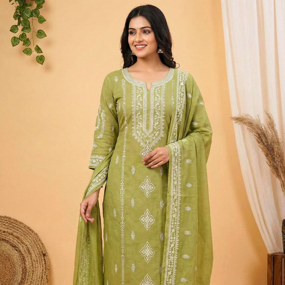 Olive Green Embroidered Suit Set with Dupatta