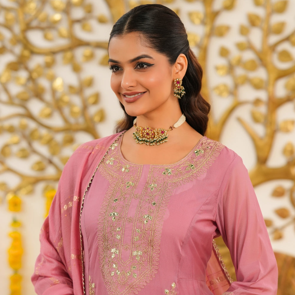 Dusty Pink Embroidered Kurta Pant Set with Dupatta