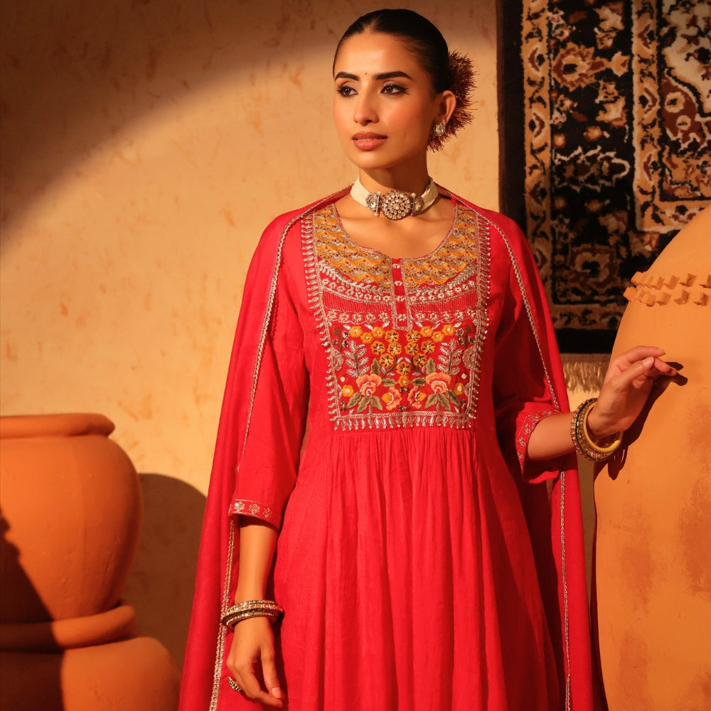Pink Mulmul Cotton Embroidered Anarkali Kurta Set with Dupatta