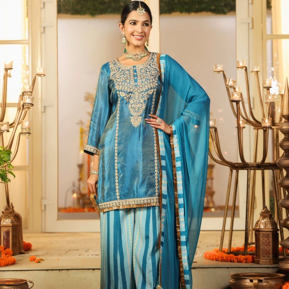 Teal Blue Embroidered Kurta Palazzo Set with Dupatta
