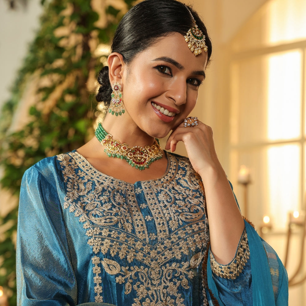 Teal Blue Embroidered Kurta Palazzo Set with Dupatta