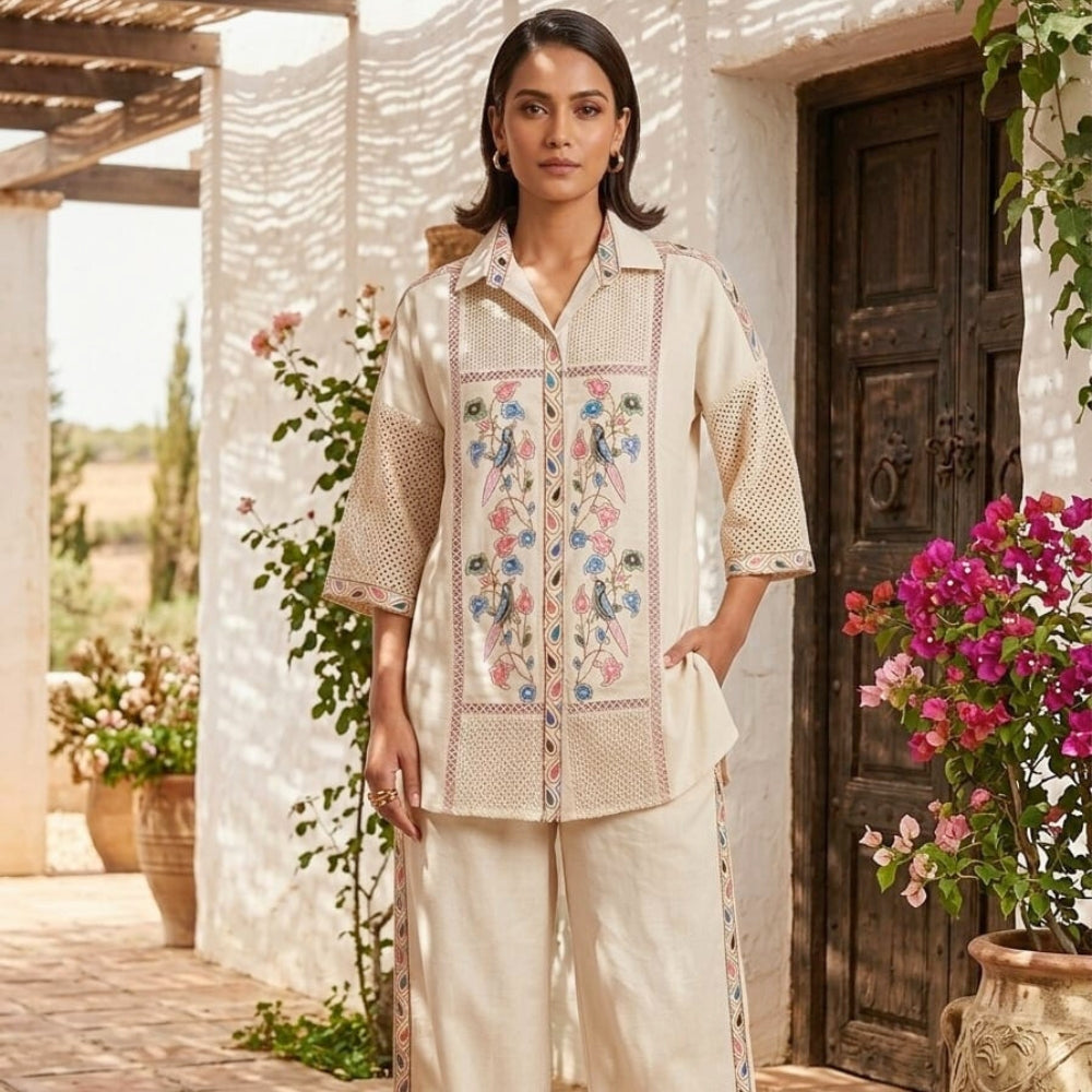 Ivory Floral Embroidered Co-Ord Set for Women
