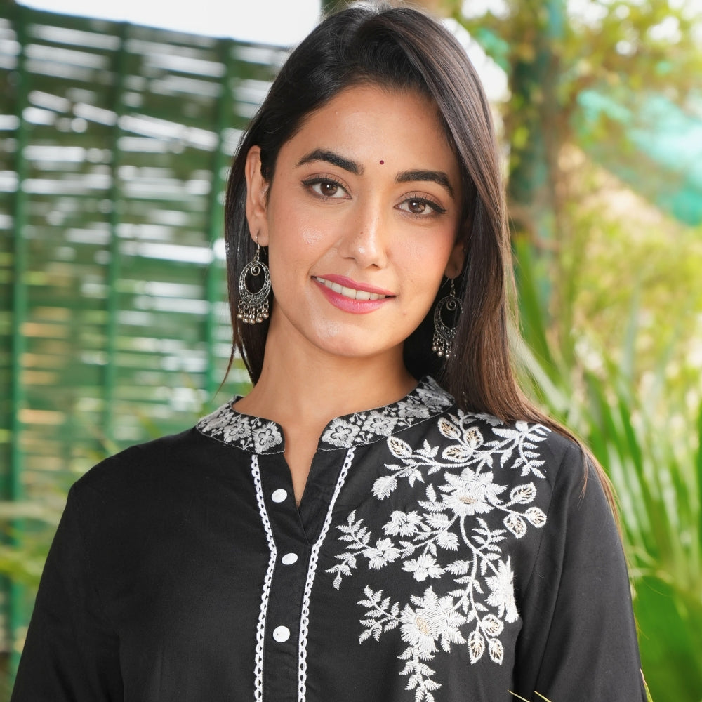Black Floral Embroidered Bell Sleeve Co-ord Set
