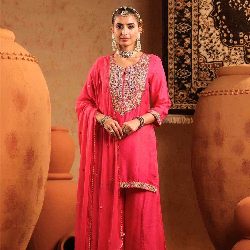 Pink Embroidered Kurta Palazzo Set with Dupatta