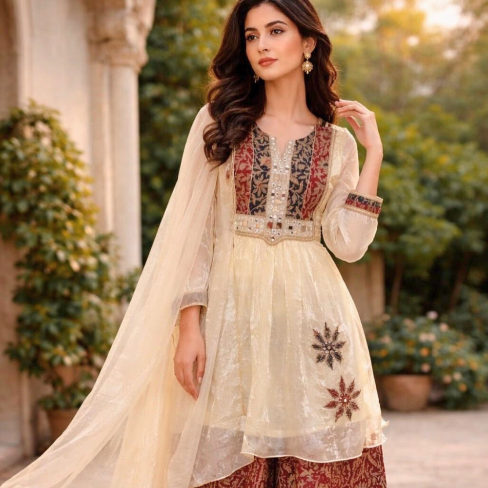 Elegant Cream Embroidered Kurta Set with Palazzo & Dupatta