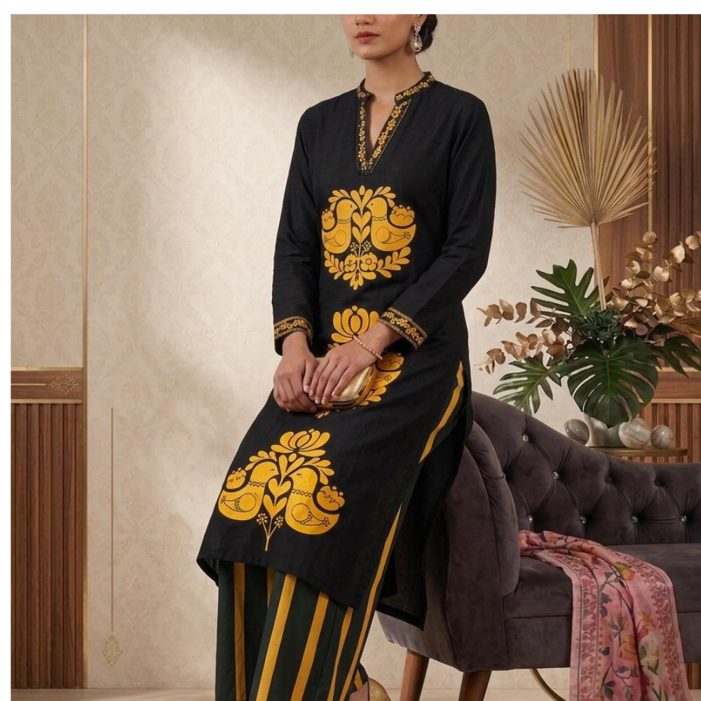Dark Black Printed Kurta Set for Women