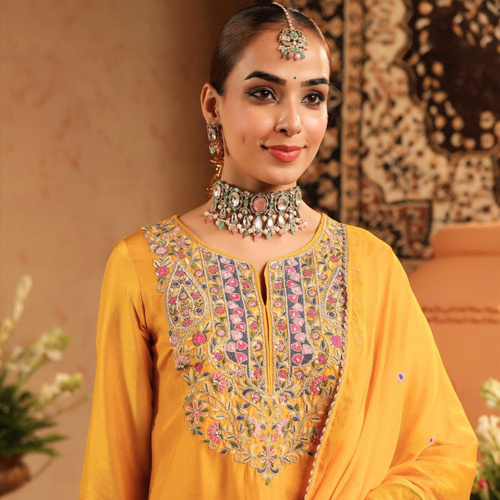 Pink Embroidered Kurta Palazzo Set with Dupatta