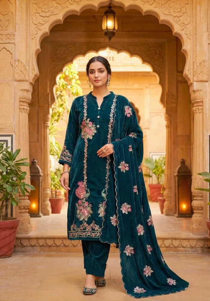 Heavy Embroidery Woollen Suit – 3 Pc Set (Top, Bottom & Stole)
