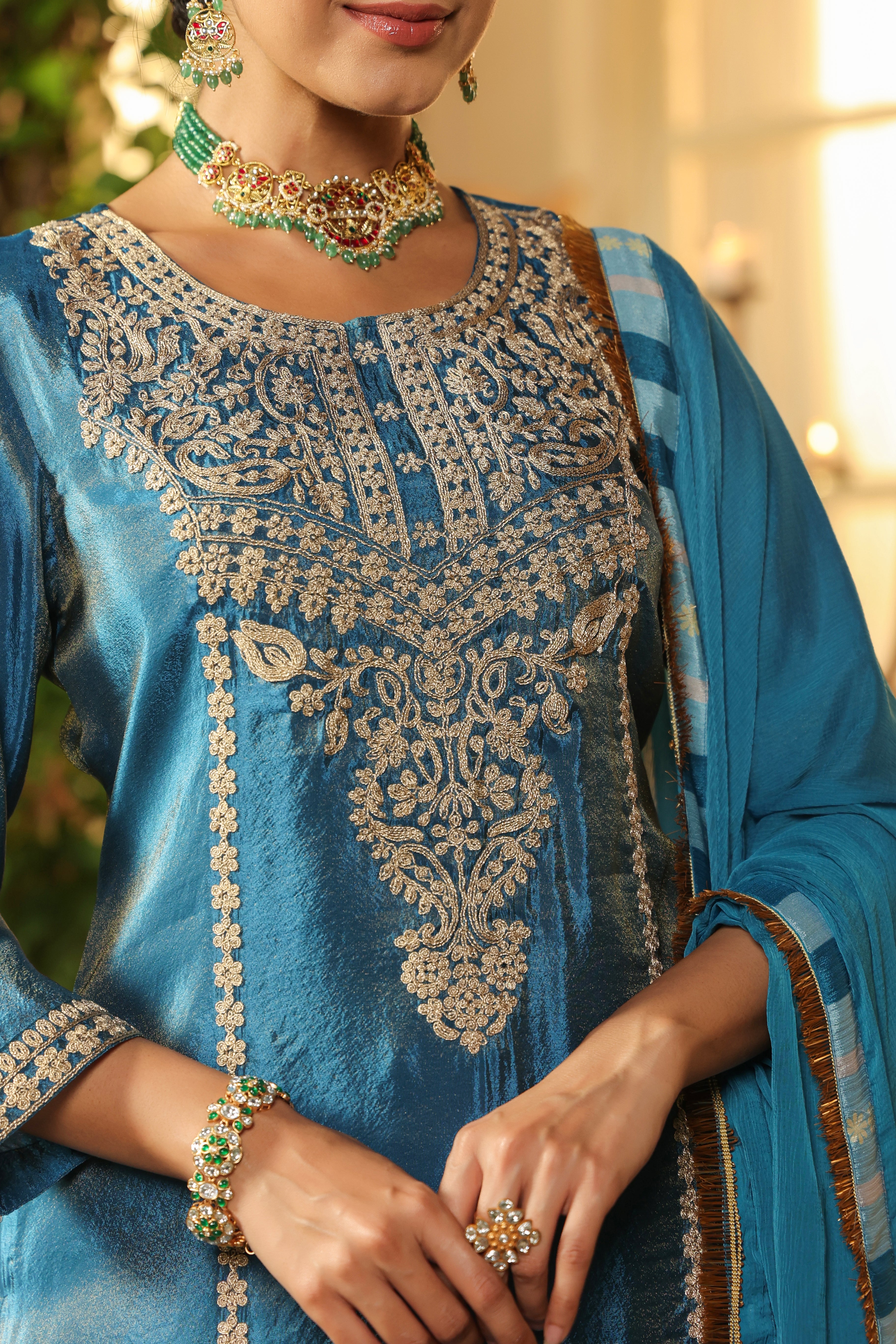 Teal Blue Embroidered Kurta Palazzo Set with Dupatta