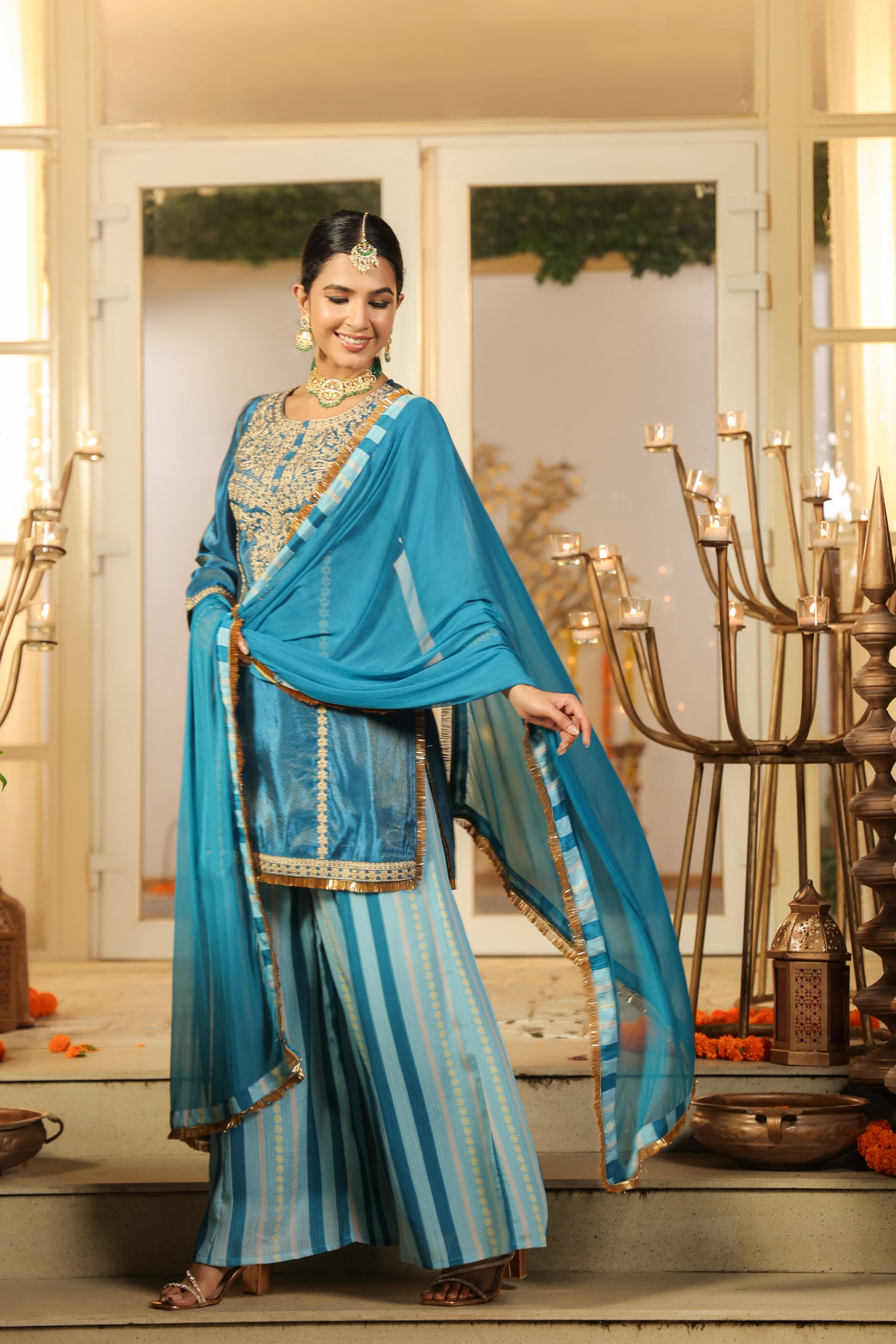 Teal Blue Embroidered Kurta Palazzo Set with Dupatta