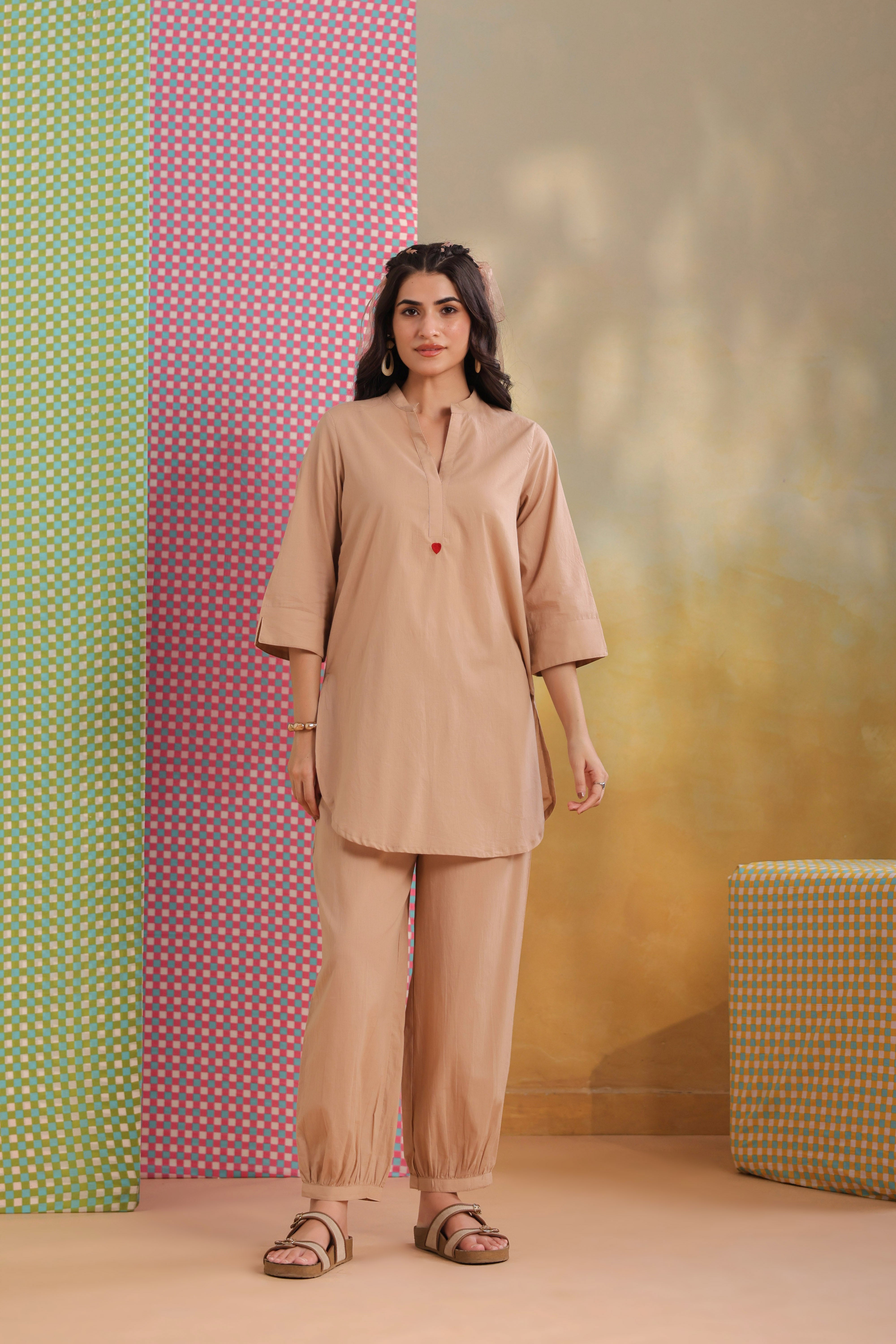 Beige Cotton Co-Ord Set for Women | Premium Relaxed Fit Ethnic Wear