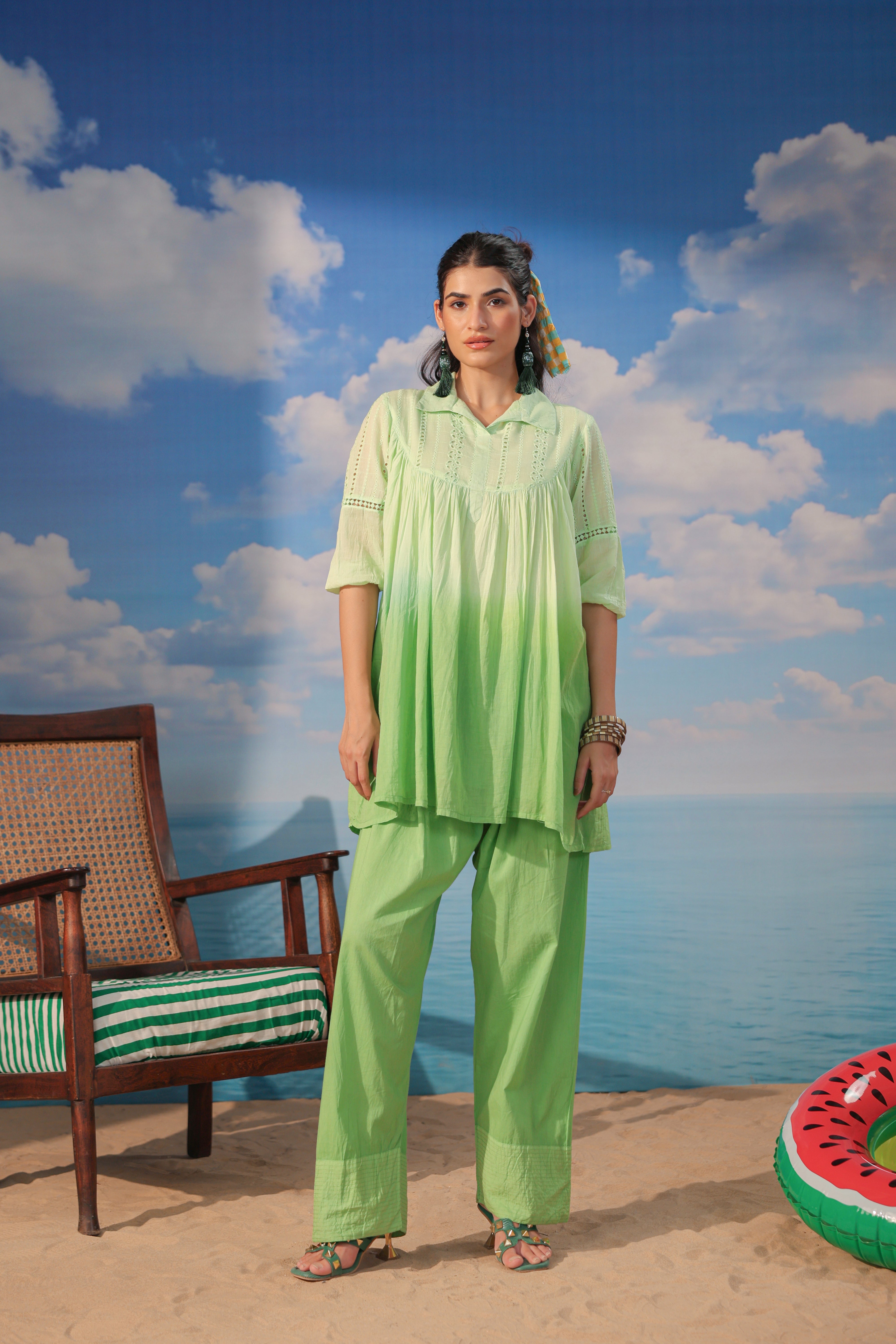  Lime Green Cotton Gathered Co-Ord Set with Straight Pants