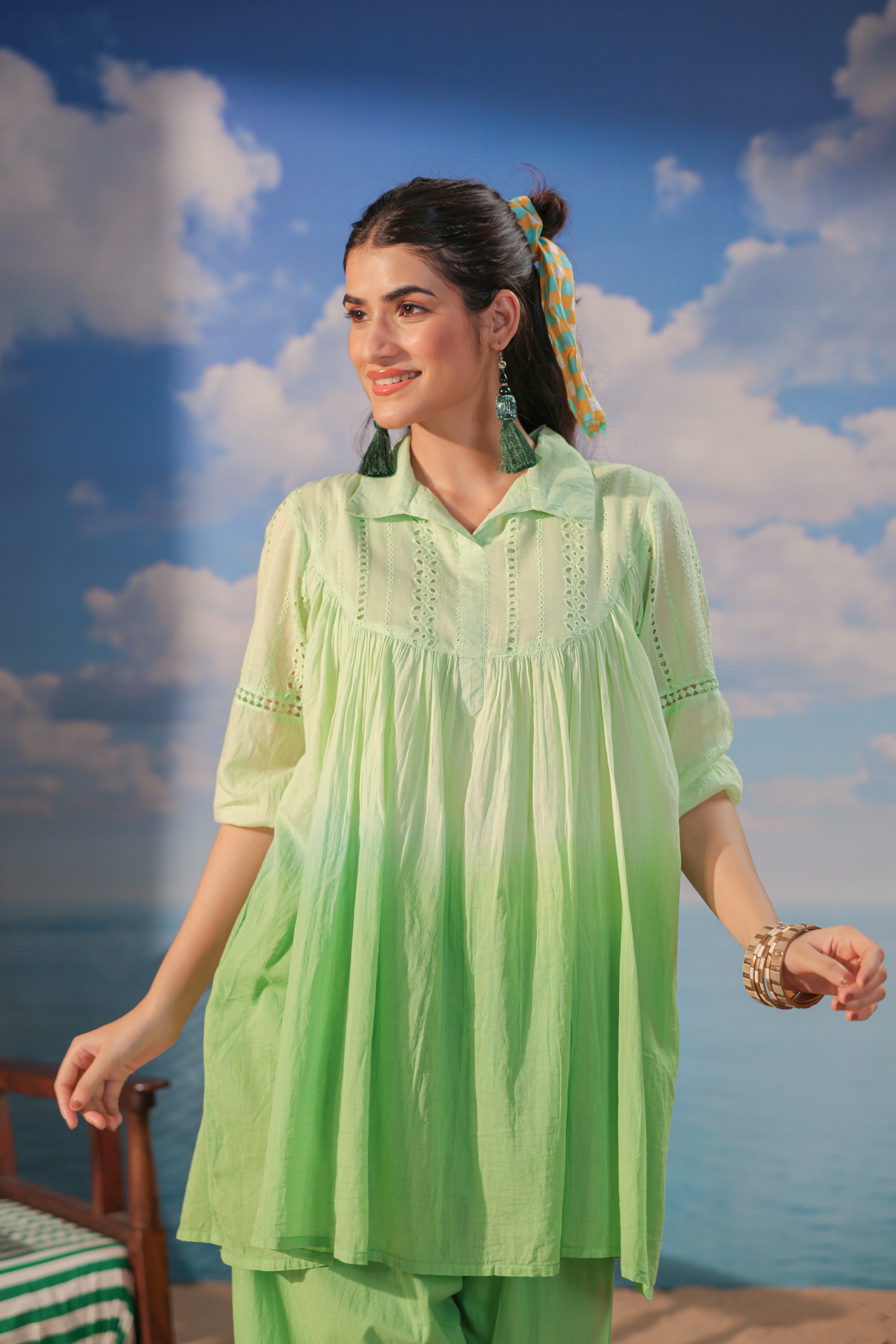  Lime Green Cotton Gathered Co-Ord Set with Straight Pants