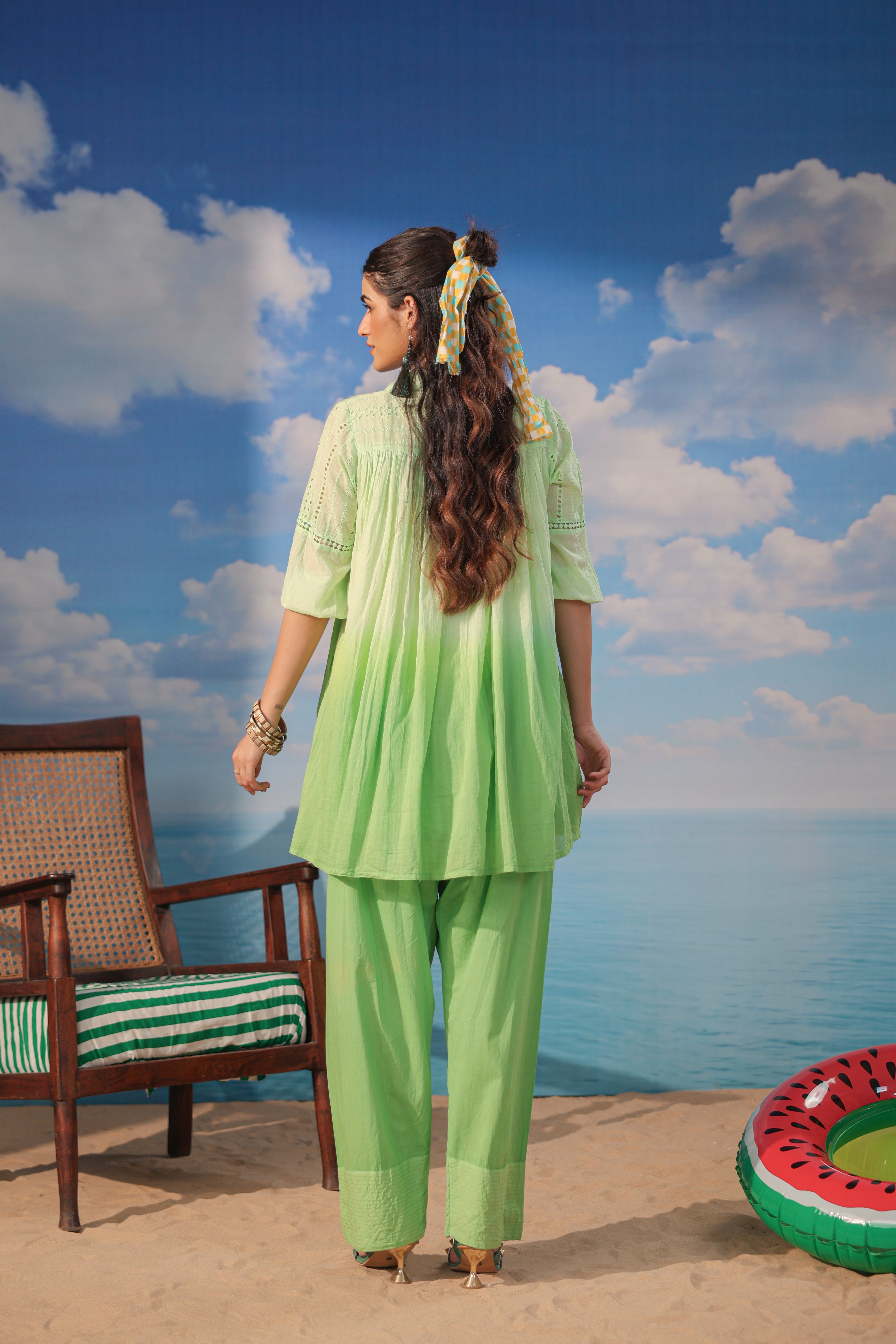  Lime Green Cotton Gathered Co-Ord Set with Straight Pants