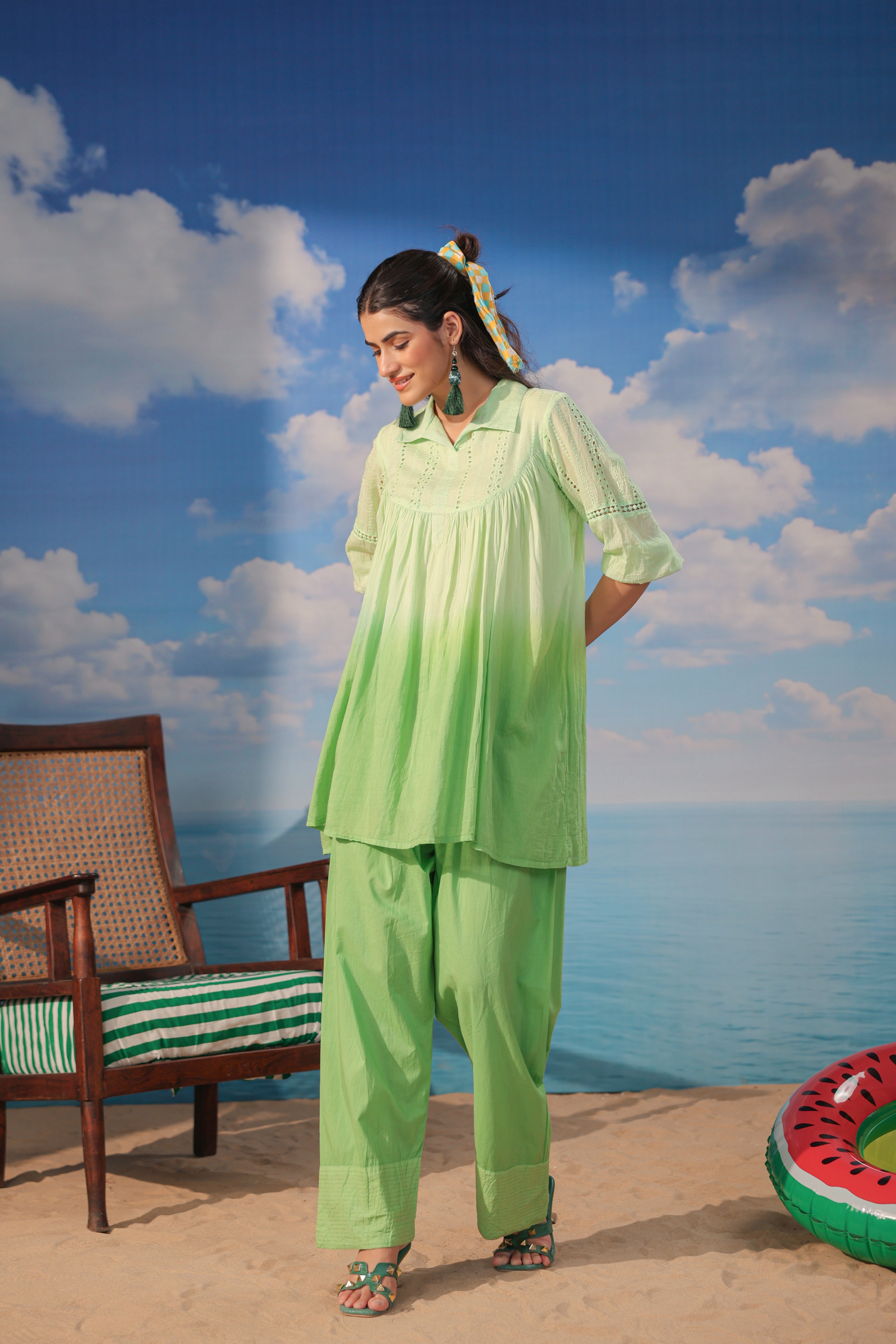  Lime Green Cotton Gathered Co-Ord Set with Straight Pants