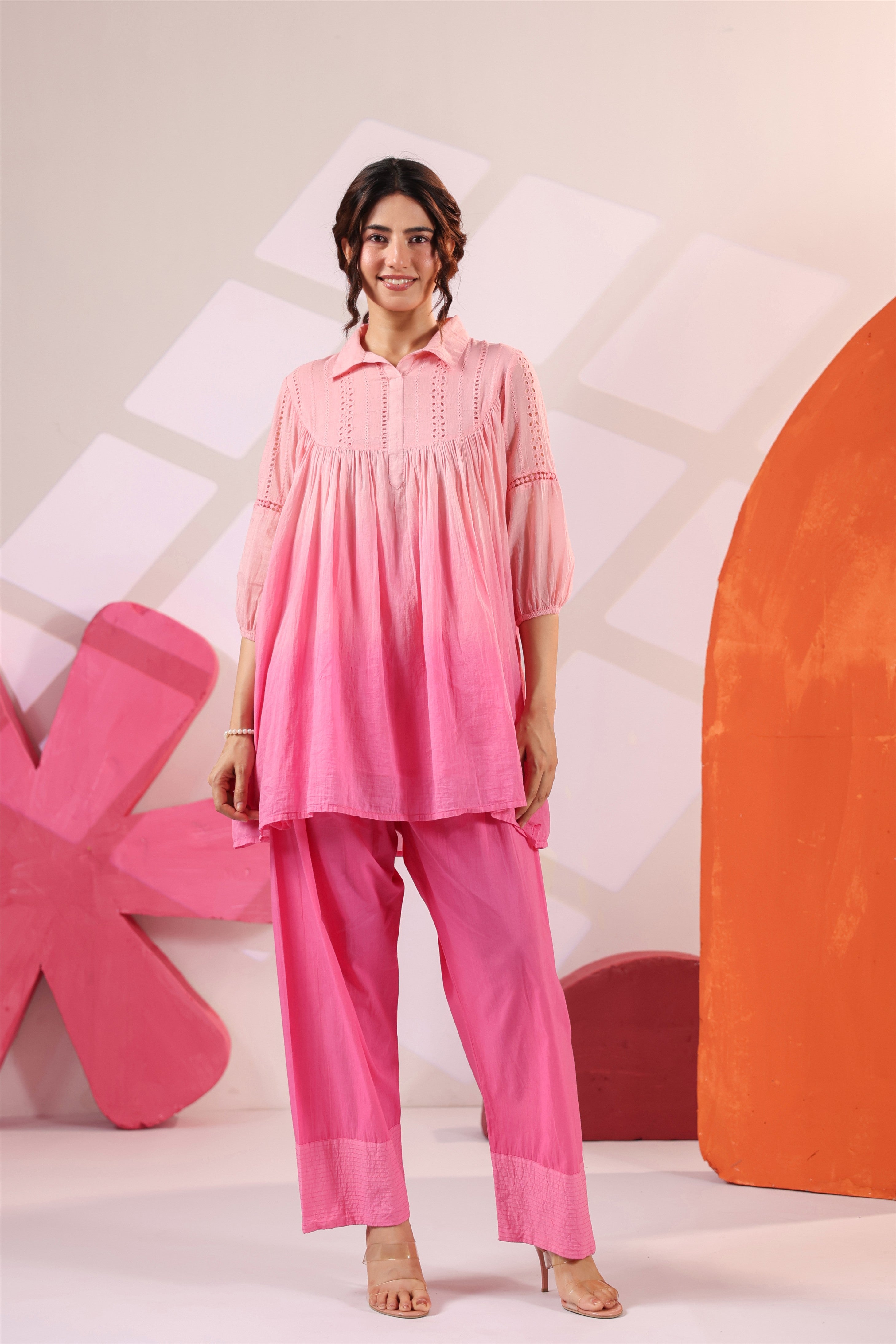 Women's Pink Cotton Gathered Co-Ord Set with Straight Pants