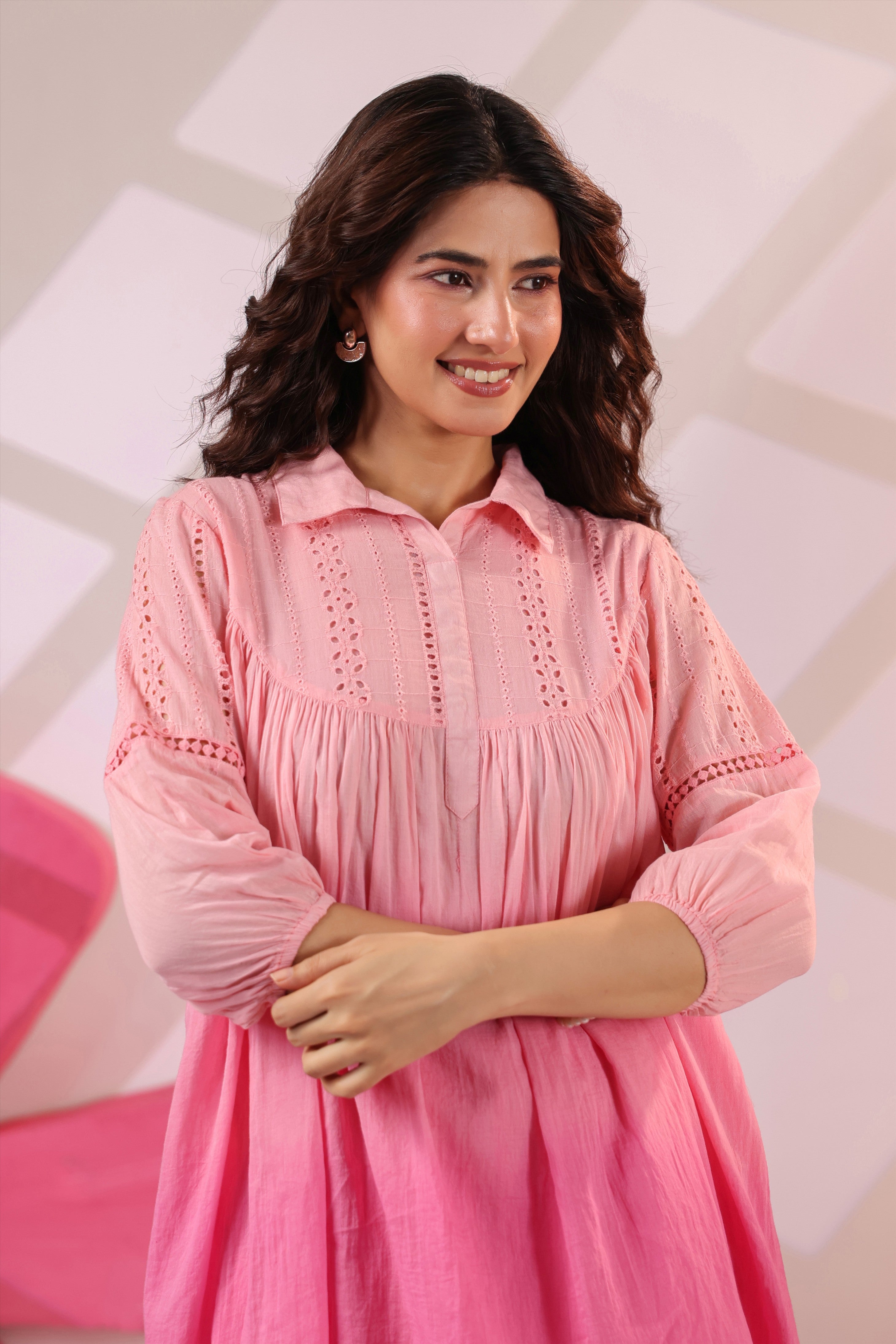 Pink Cotton Gathered Co-Ord Set with Straight Pant