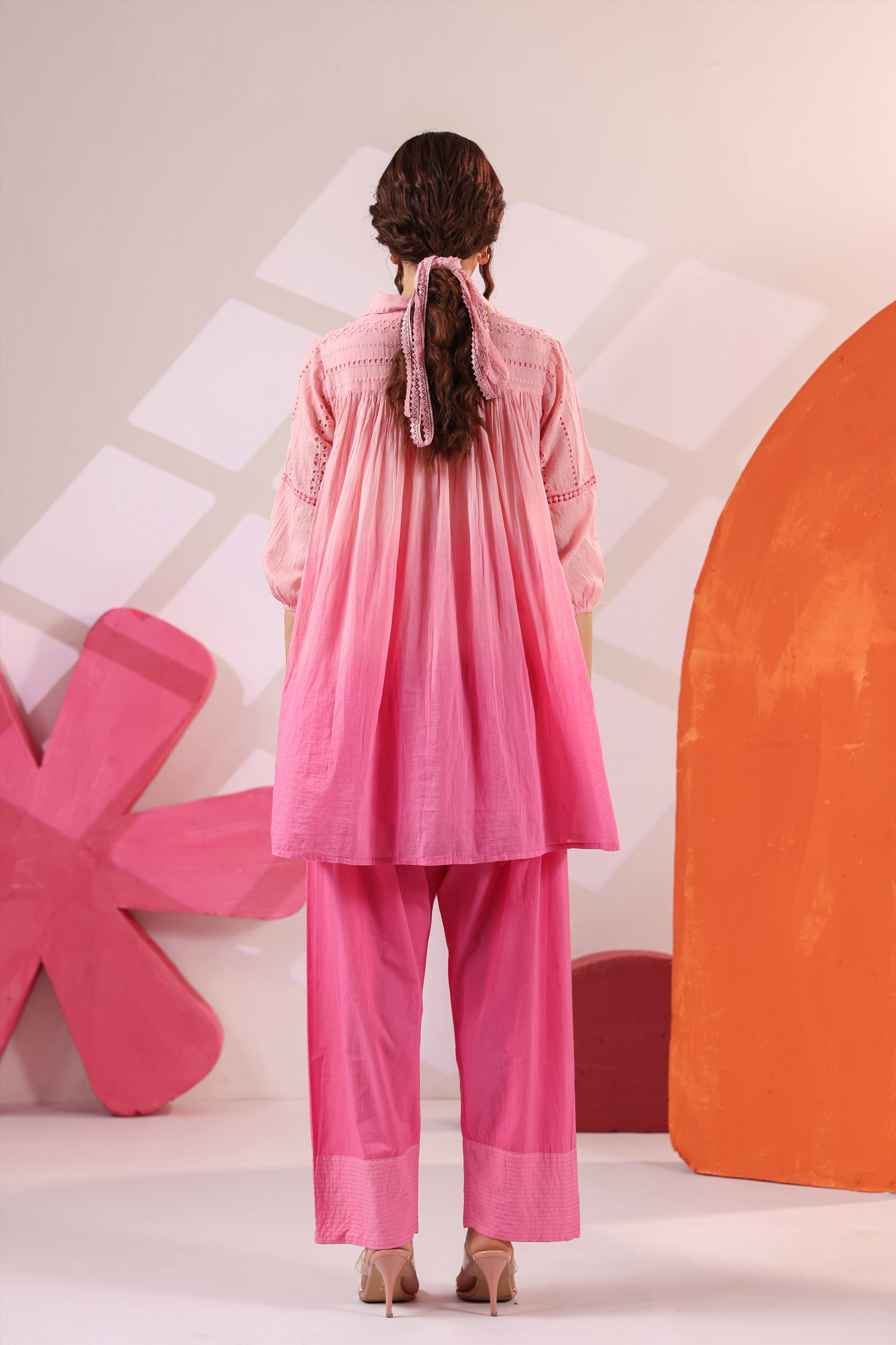 Women's Pink Cotton Gathered Co-Ord Set with Straight Pants