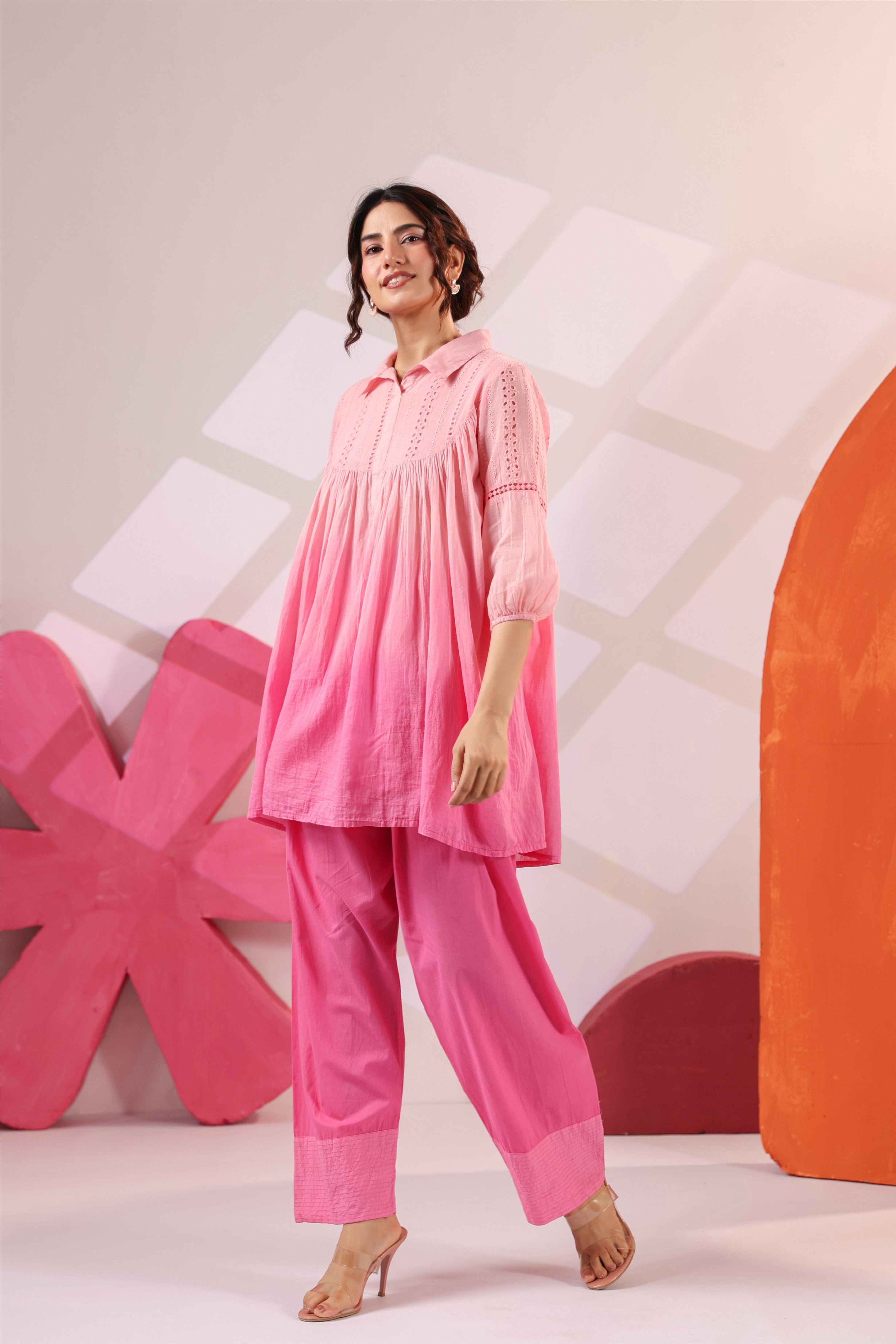 Women's Pink Cotton Gathered Co-Ord Set with Straight Pants