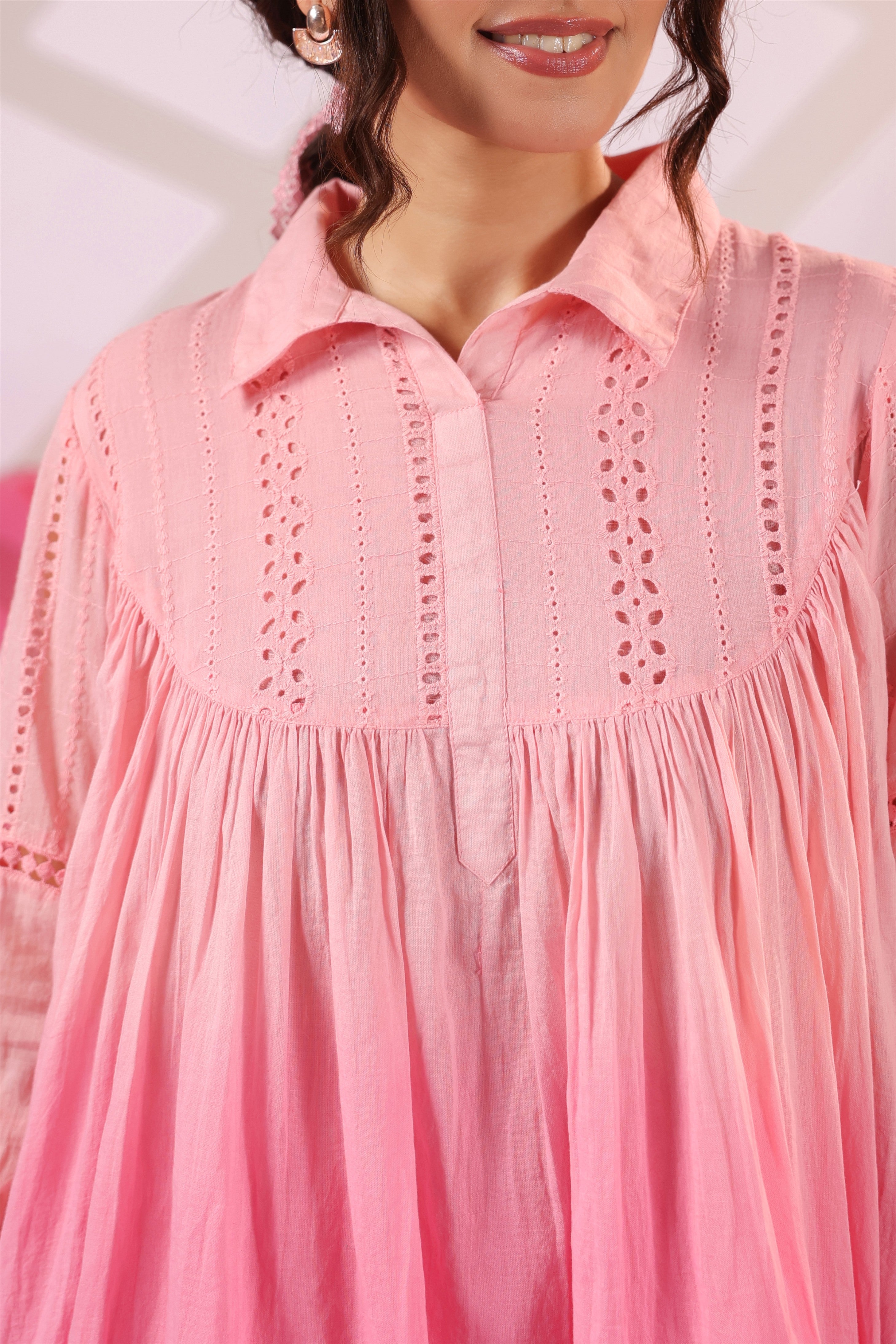 Women's Pink Cotton Gathered Co-Ord Set with Straight Pants