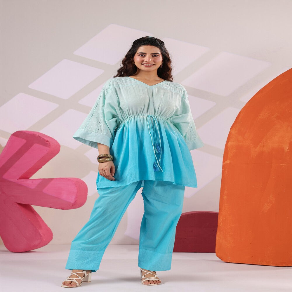 Women's Sky Blue Cotton  Co-Ord Set with Drawstring Waist & Farshi Pants