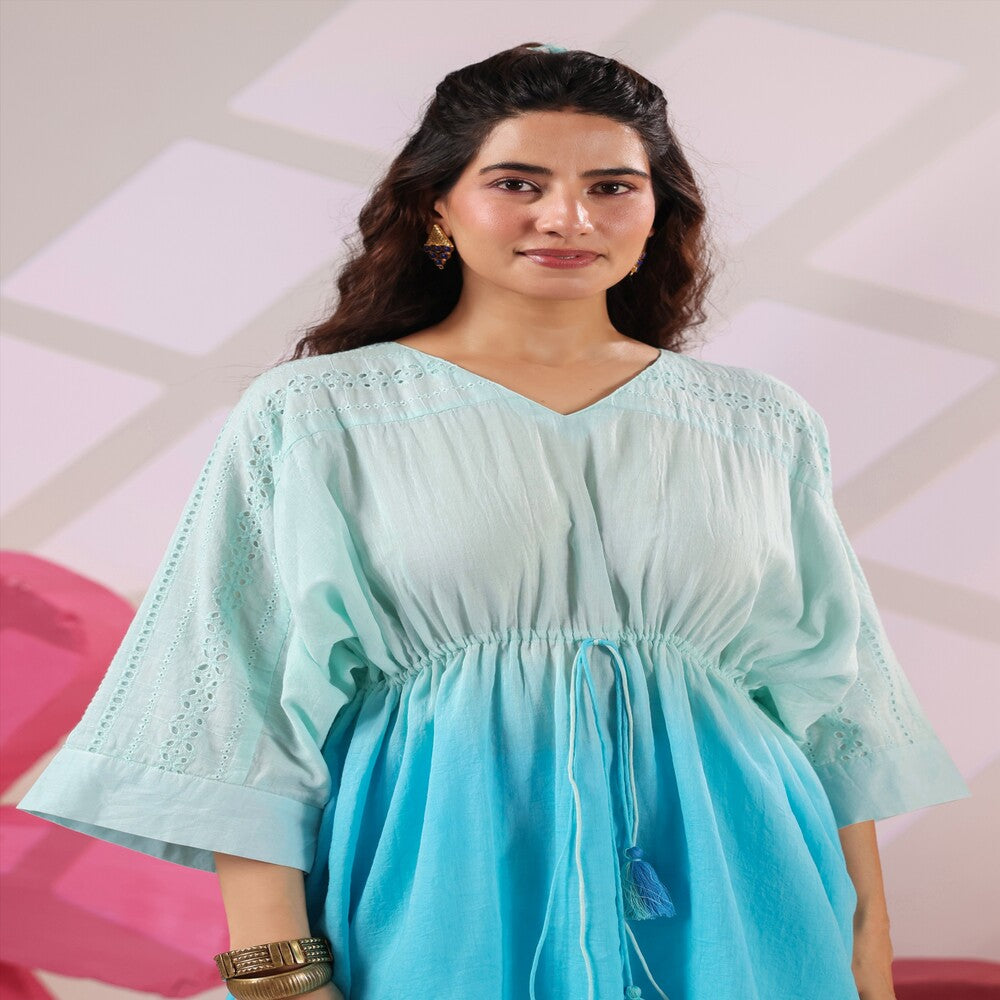Women's Sky Blue Cotton  Co-Ord Set with Drawstring Waist & Farshi Pants
