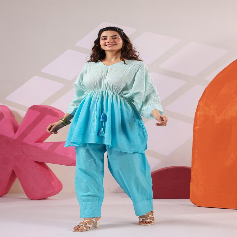 Women's Sky Blue Cotton  Co-Ord Set with Drawstring Waist & Farshi Pants