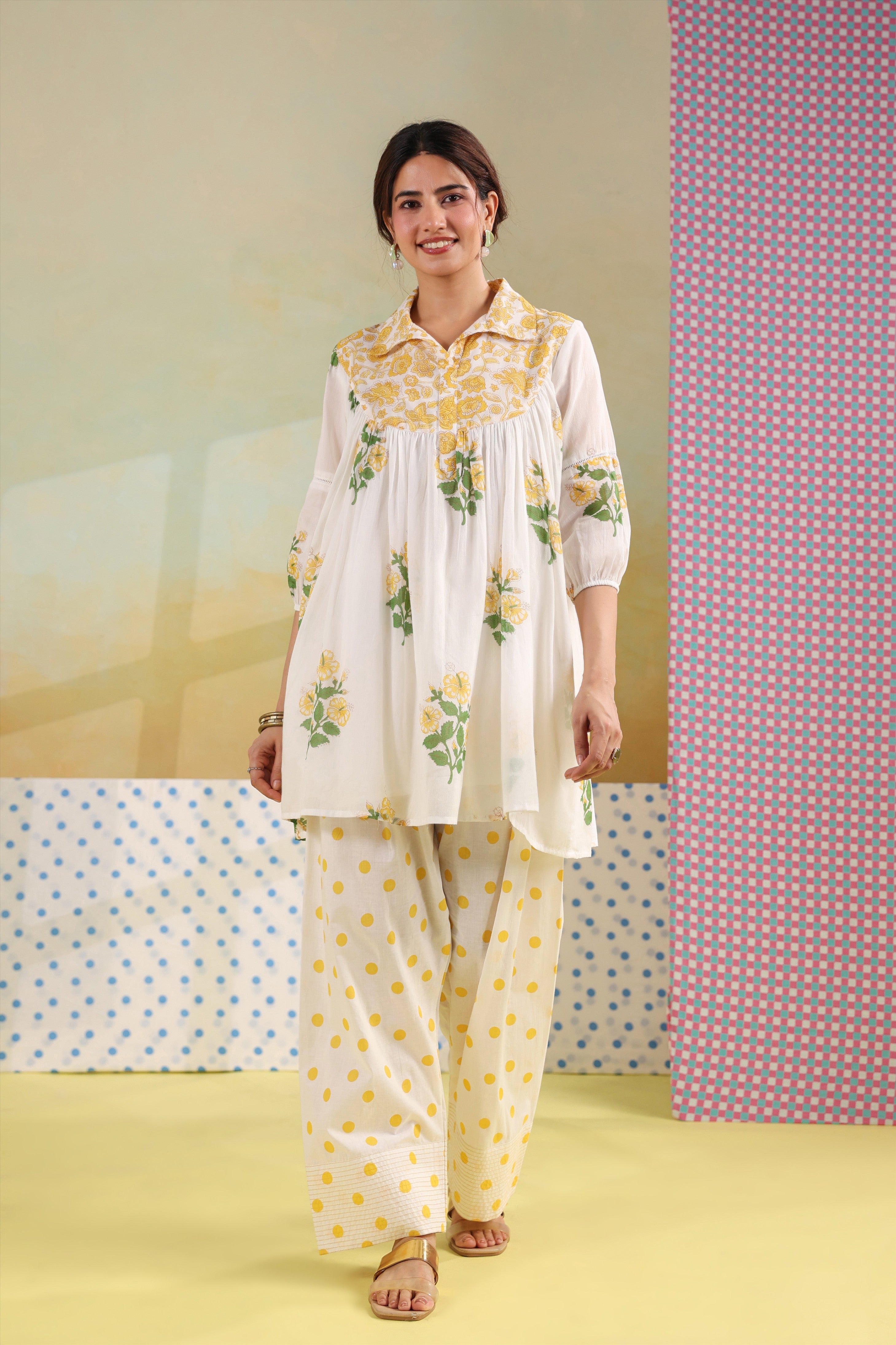 Women's White & YELLOW Floral Cotton Co-Ord Set with Embroidered Top and Polka Dot Pants