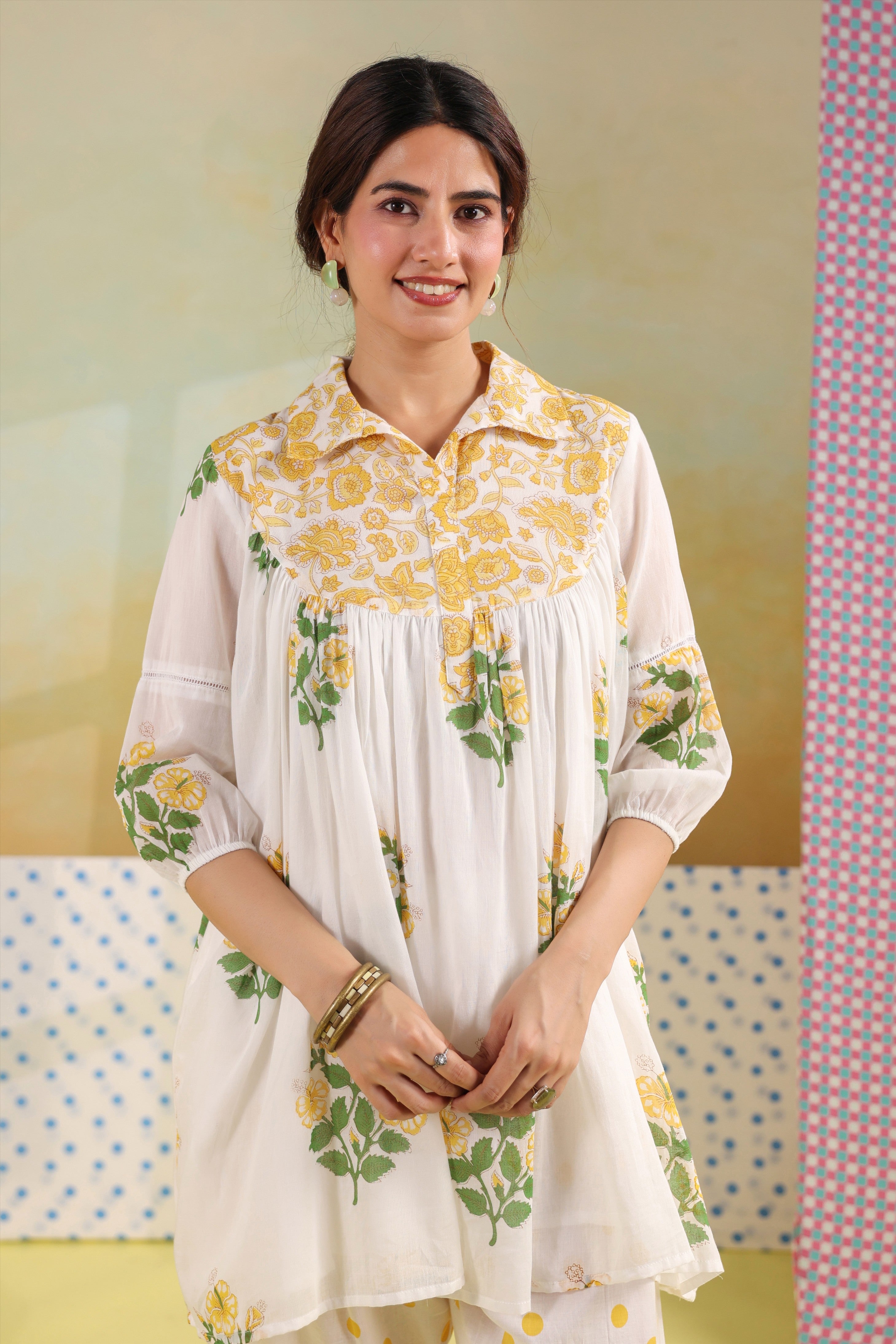 Women's White & YELLOW Floral Cotton Co-Ord Set with Embroidered Top and Polka Dot Pants