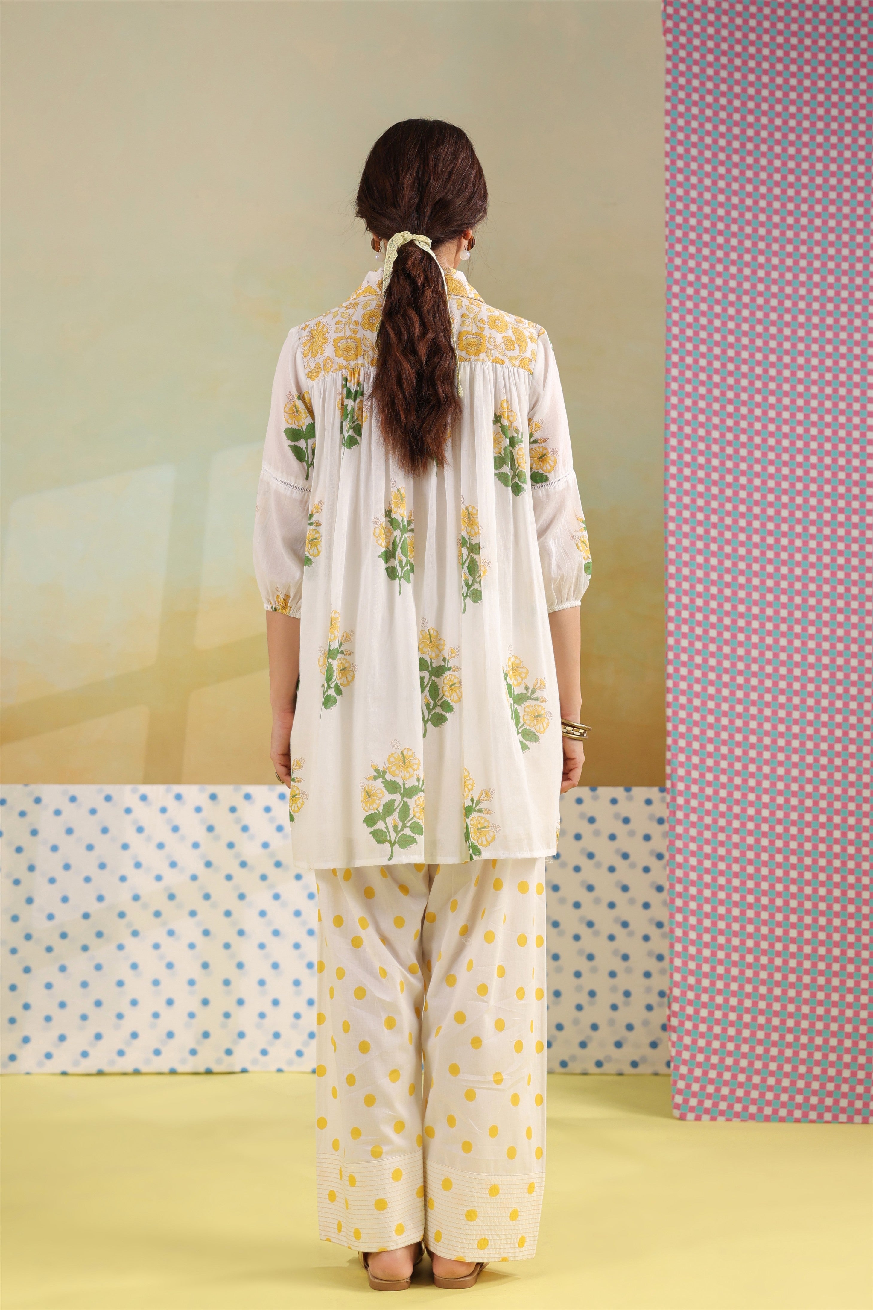 Women's White & YELLOW Floral Cotton Co-Ord Set with Embroidered Top and Polka Dot Pants