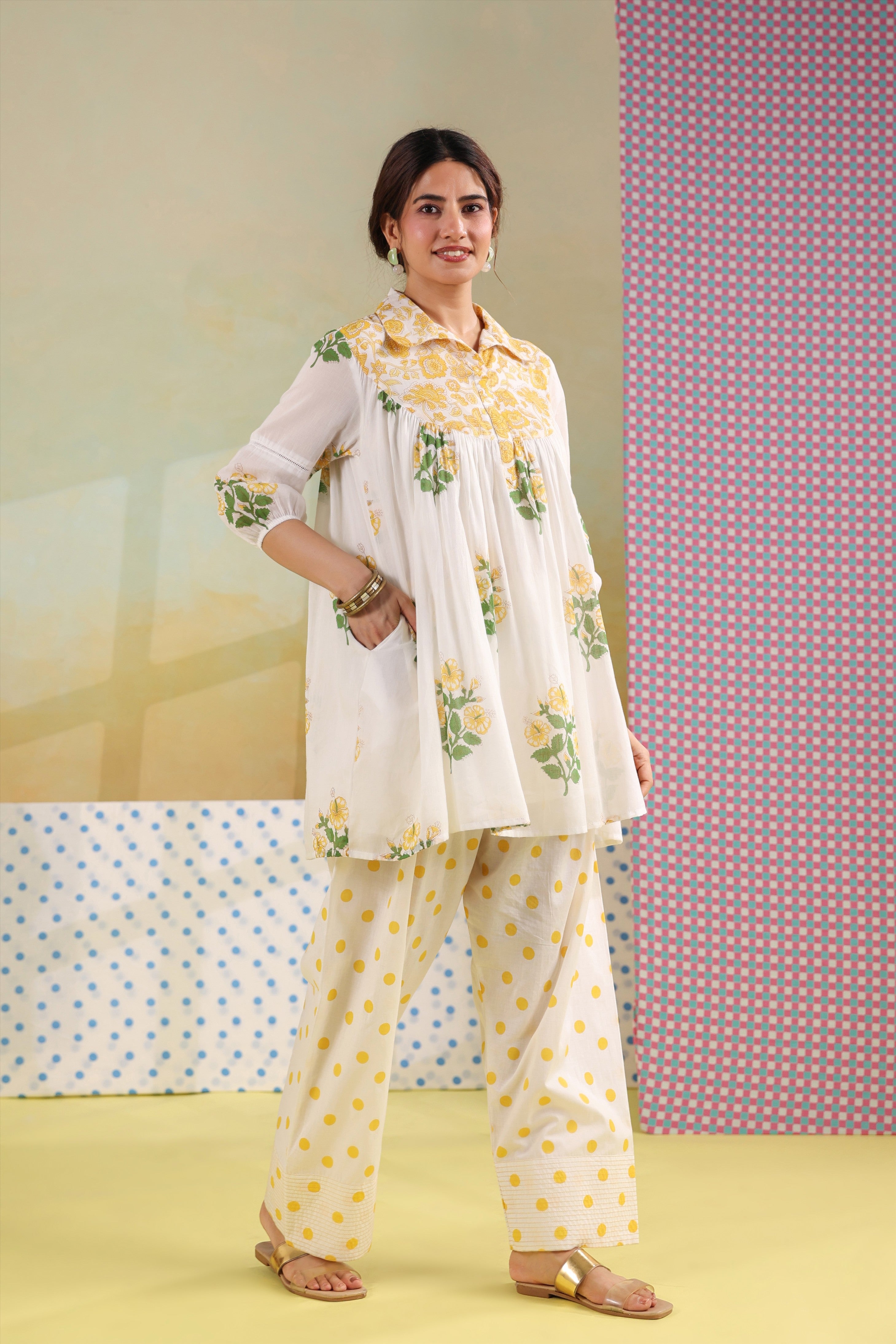 Women's White & YELLOW Floral Cotton Co-Ord Set with Embroidered Top and Polka Dot Pants