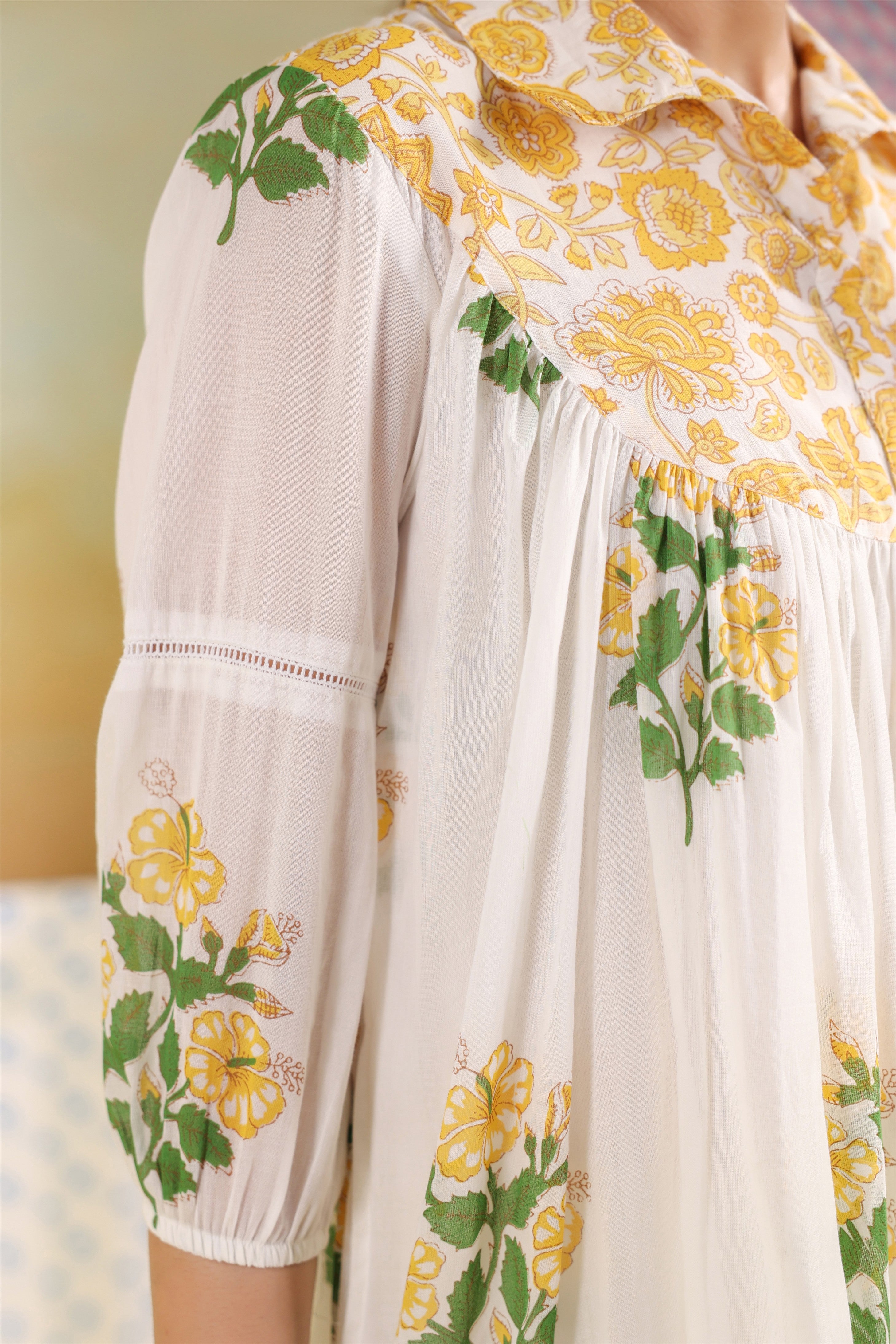 Women's White & YELLOW Floral Cotton Co-Ord Set with Embroidered Top and Polka Dot Pants