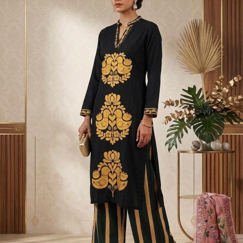 Dark Black Printed Kurta Set for Women