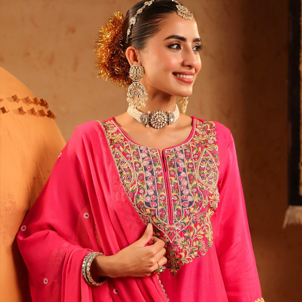 Pink Embroidered Kurta Palazzo Set with Dupatta