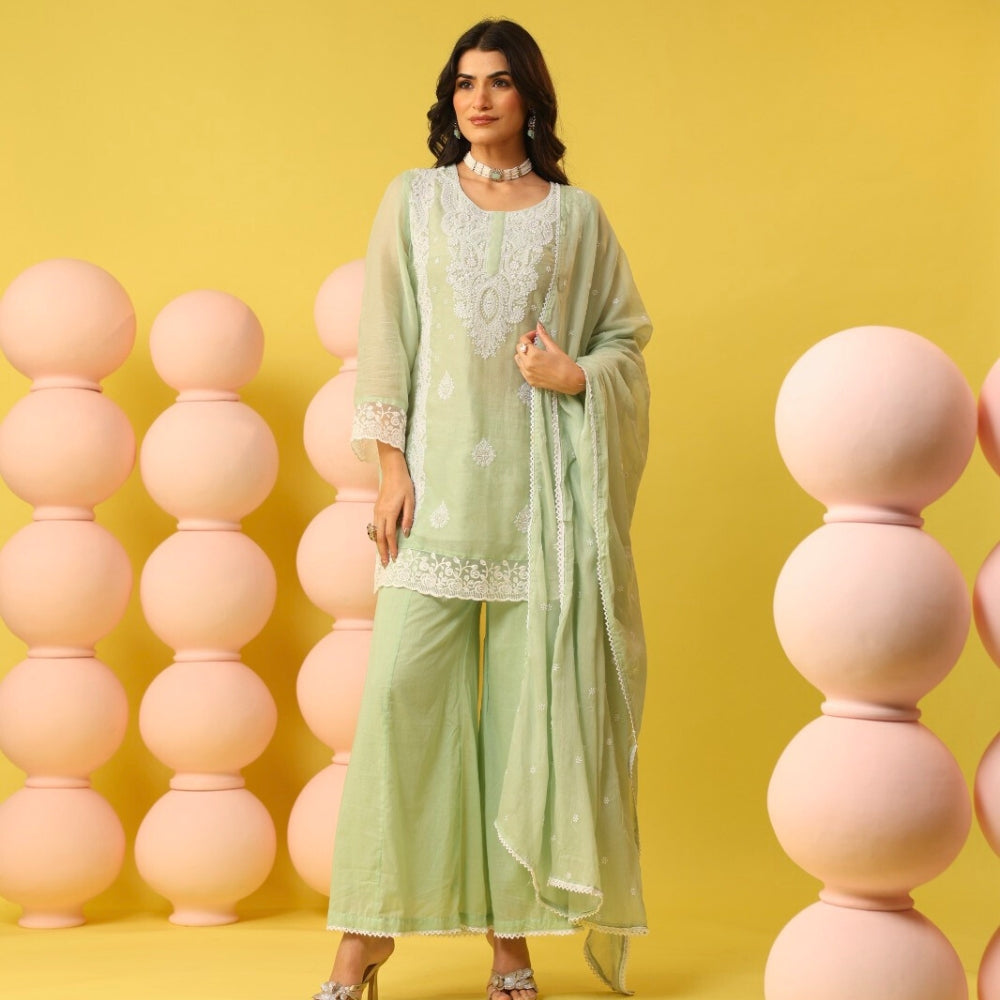 Mint Green Embroidered Suit Set with Dupatta