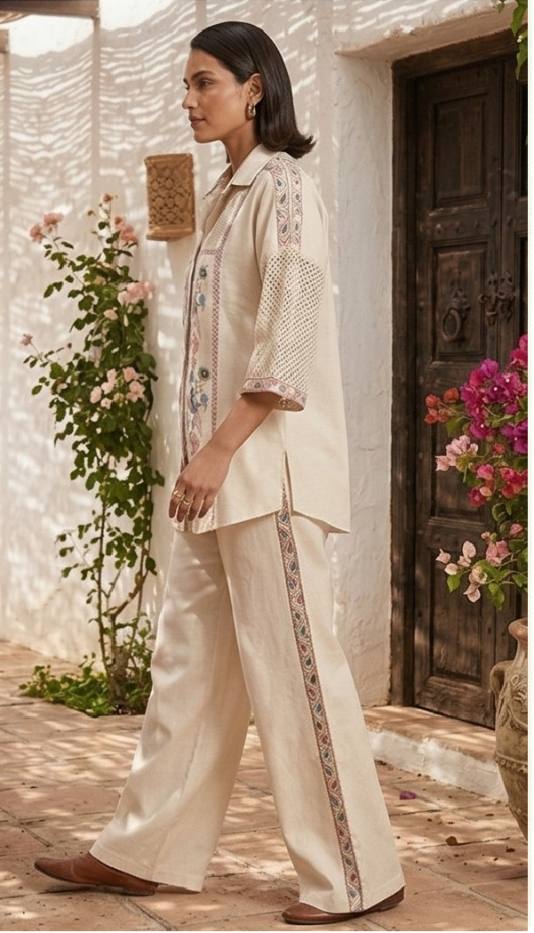 Ivory Floral Embroidered Co-Ord Set for Women