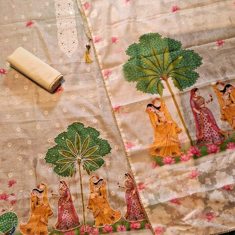 Cotton Tissue Ivory Designer Dress Material