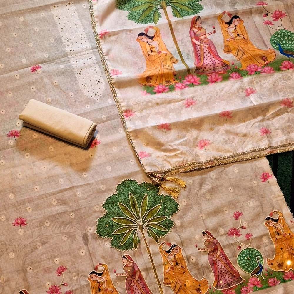 Cotton Tissue Ivory Designer Dress Material