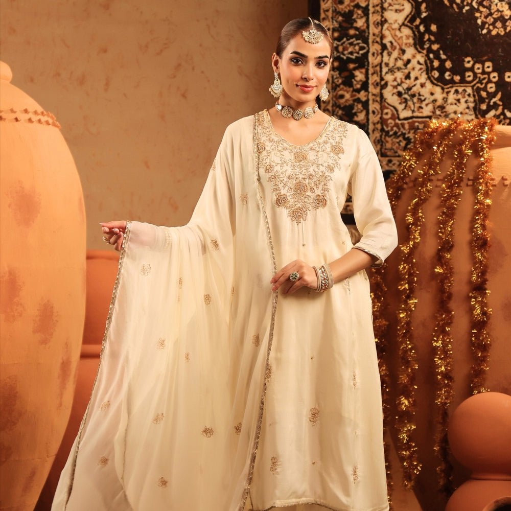 Ivory Embroidery Beaded  Ethnic Suit Set with Dupatta