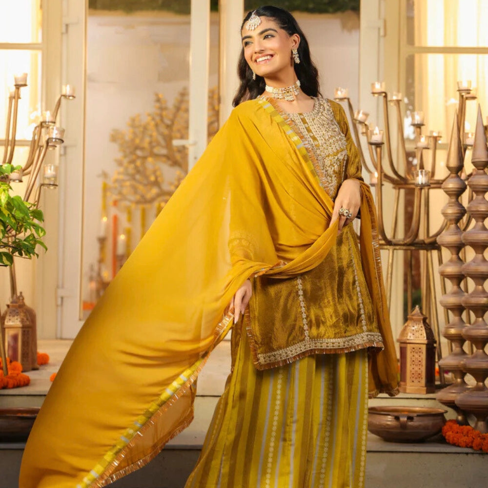 Mustard Yellow With Golden Shimmer Embroidered Kurta Palazzo Set with Dupatta