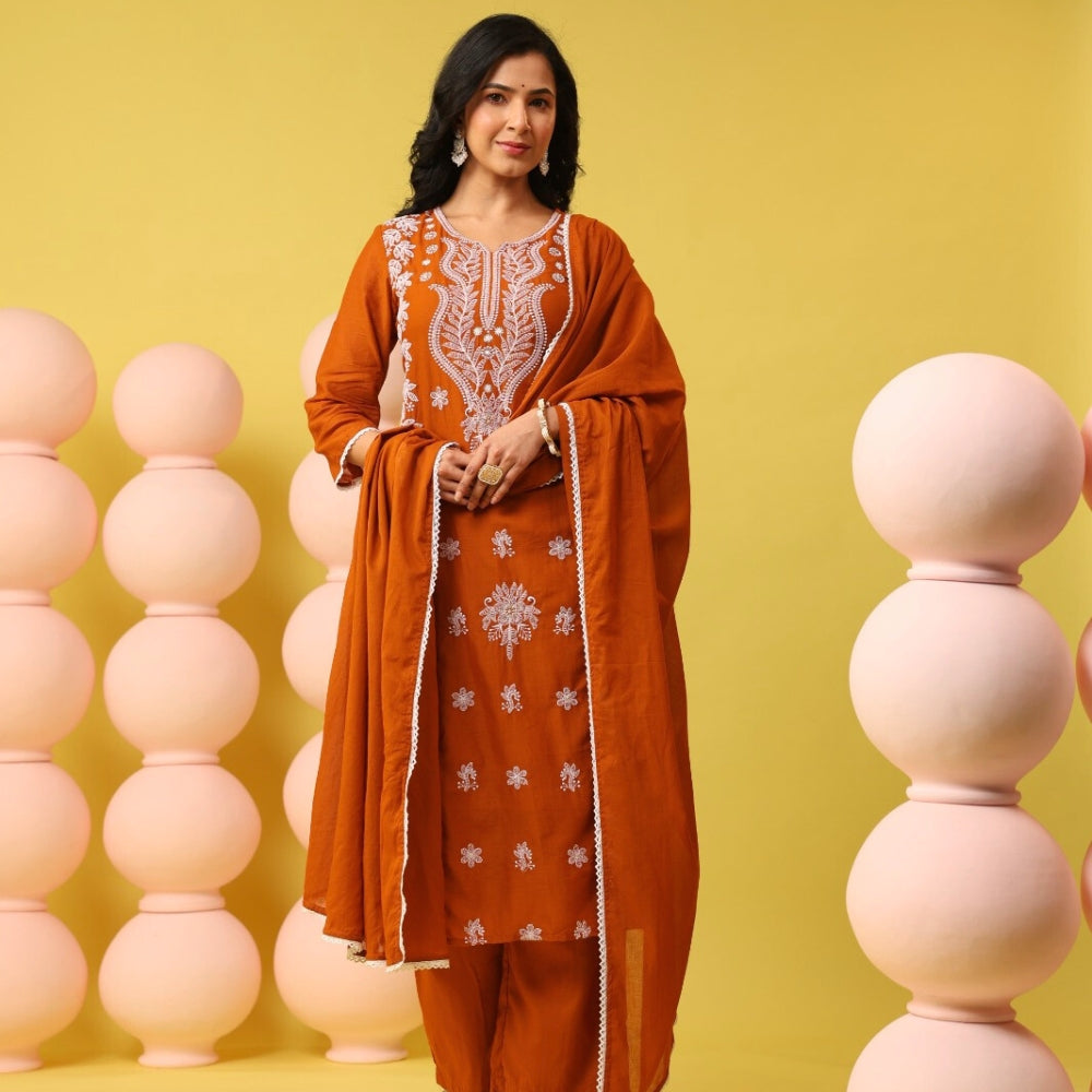 Rust Orange Embroidered Kurta Set with Dupatta for Women