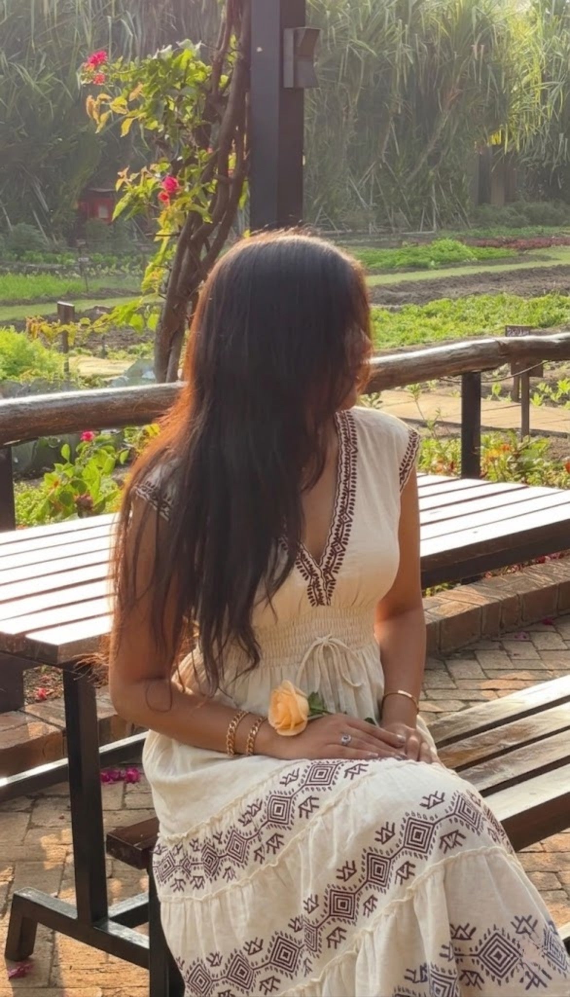 Printed Off-White Linen Dress with Smocked Waist and V-Neck – Linen Cotton Summer Long Dress