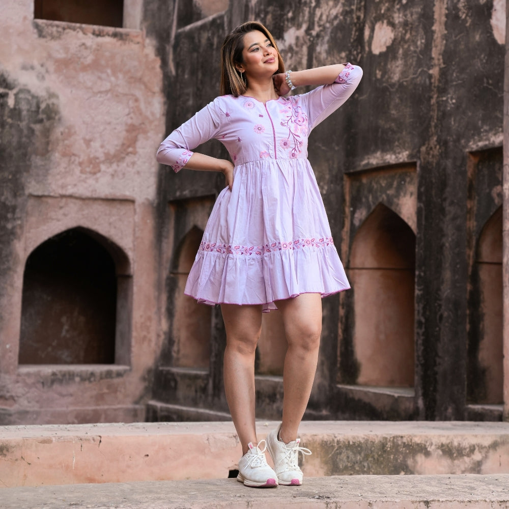 Lavender Embroidered Flared Short Dress for Women